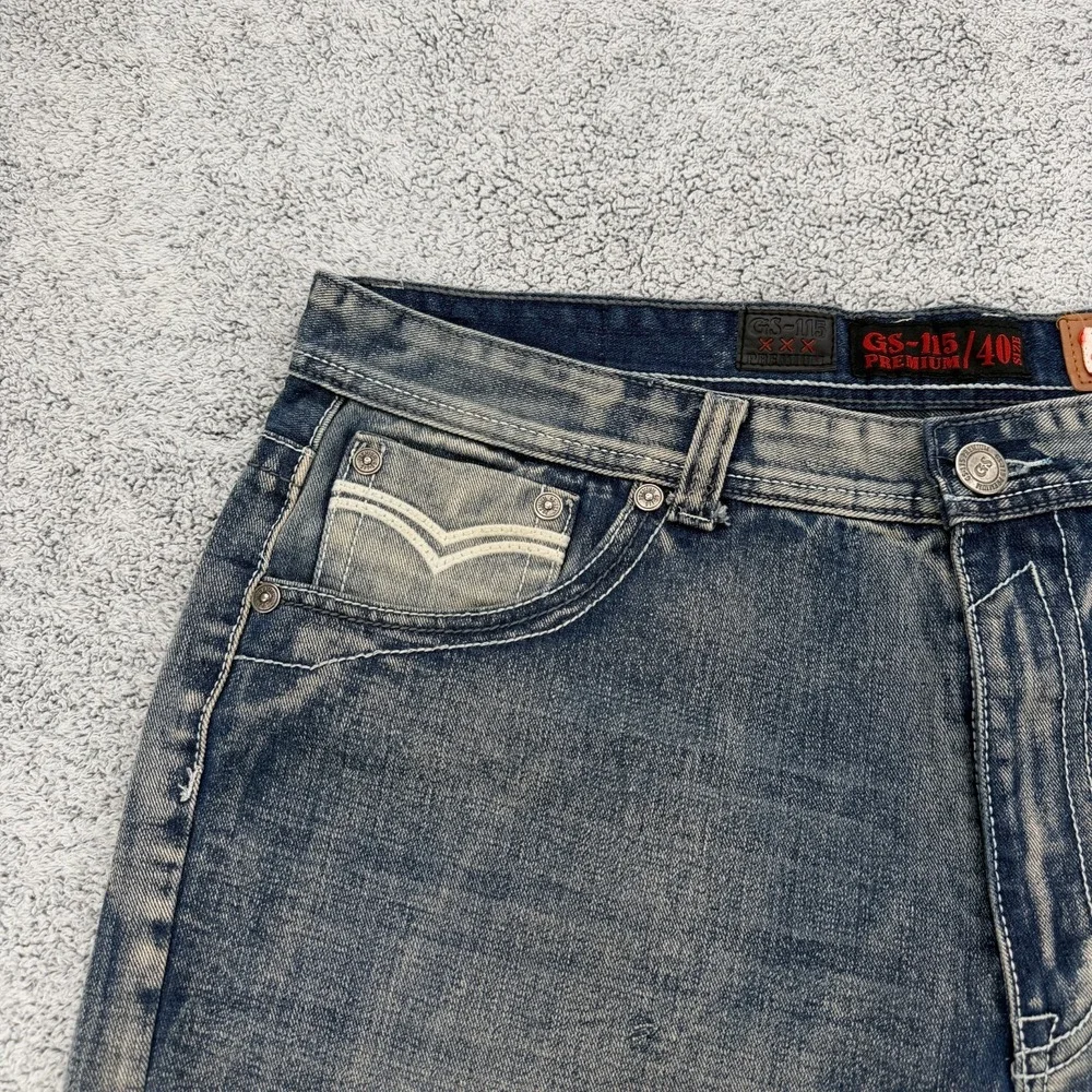 GS-115 Jean Short Mens 40 Blue Baggy Stitched Flap Pocket Distressed Hip Hop Y2K